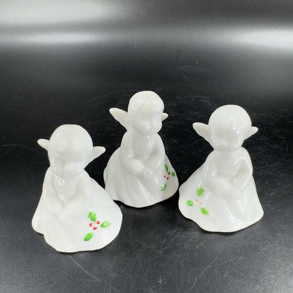 ENESCO Porcelain ANGEL Figurines CHRISTMAS Small Miniature Set 3 Holly Leafs VTG - Picture 8 of 12
